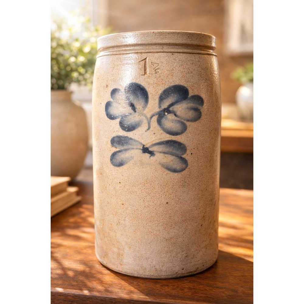 Antique Peter Hermann Baltimore Double Clover Salt Glazed Stoneware Crock 1.5gal